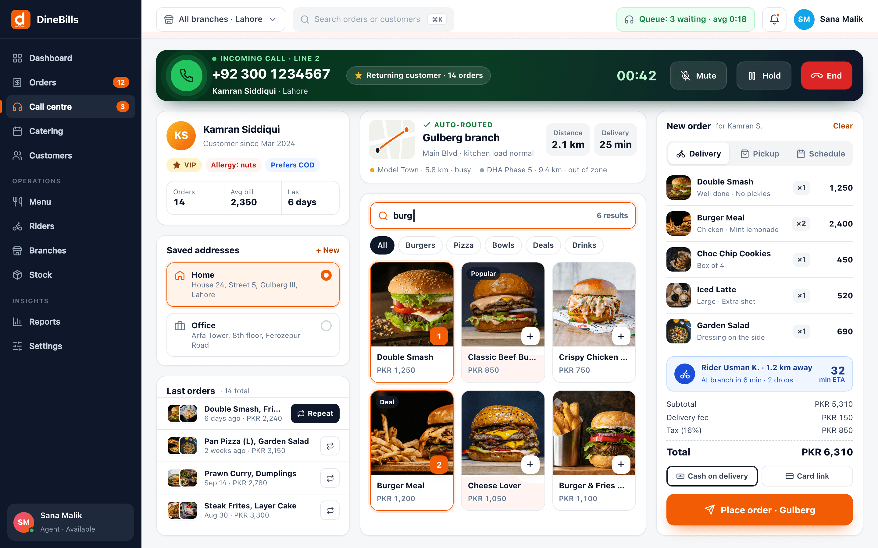 DineBills call-centre screen with caller lookup, saved addresses, menu and branch routing