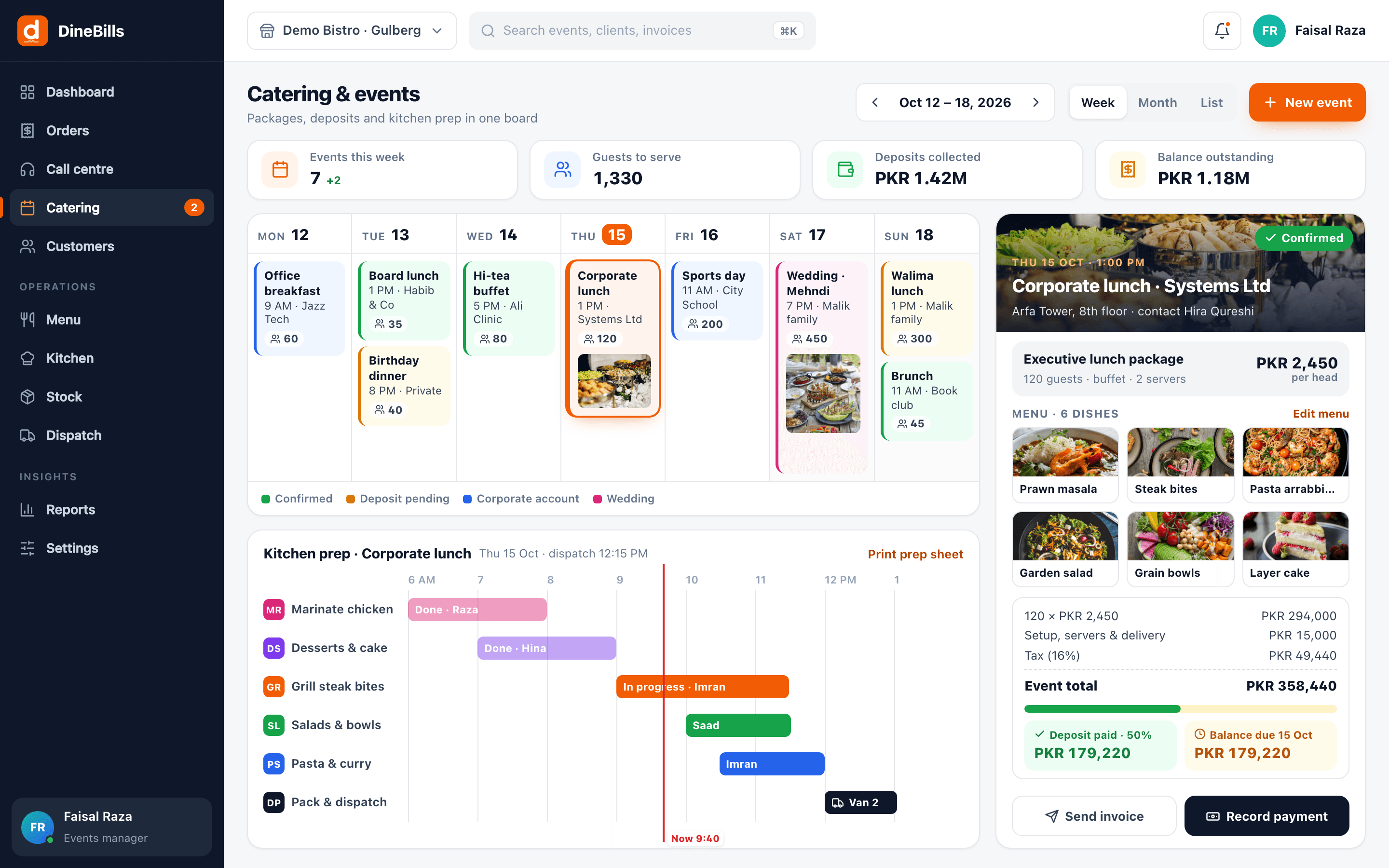 DineBills catering and events board with a week calendar of events, a confirmed corporate lunch with a per-head package, deposit paid and balance due, and a kitchen prep timeline by station
