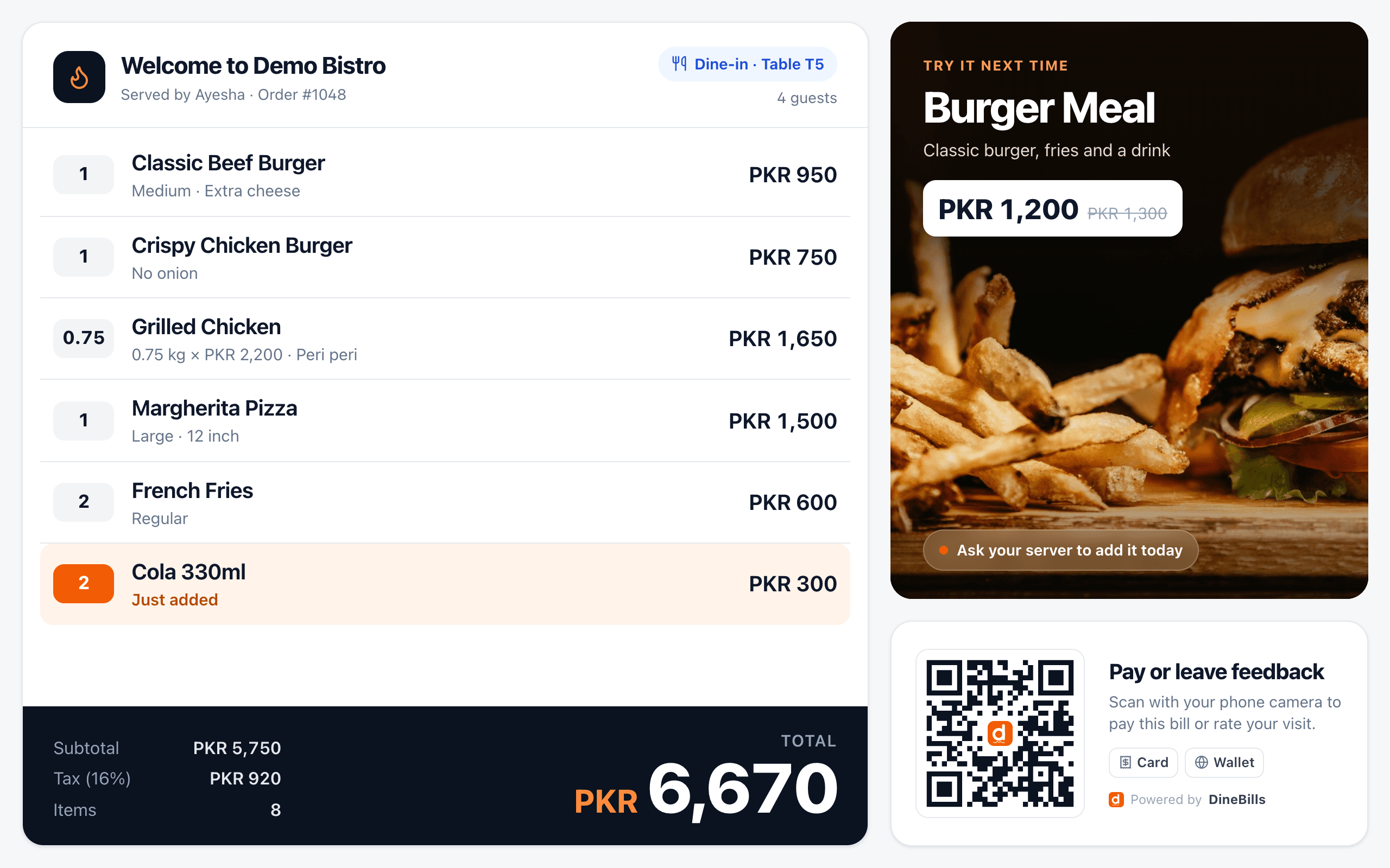 DineBills customer display: Welcome to Demo Bistro, six order lines with modifiers and a weighed item, Cola 330ml just added, subtotal, 16% tax and a PKR 6,670 total, a Burger Meal promo and a QR code to pay or leave feedback