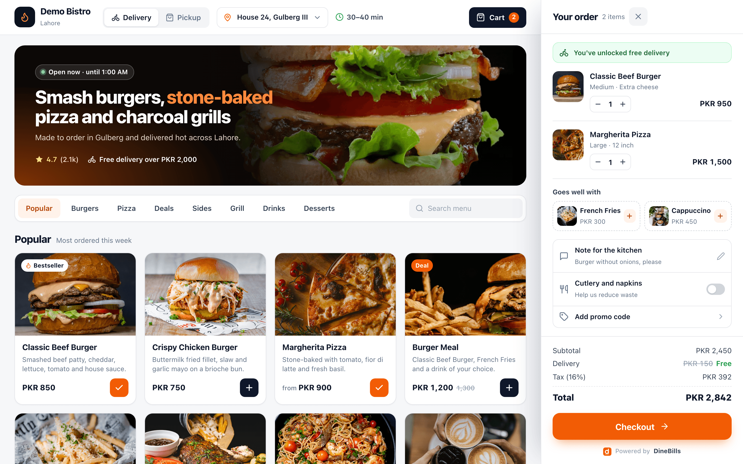 Branded restaurant ecommerce website on desktop with delivery and pickup toggle, a photo hero, category bar, item cards with deals and a cart with upsells, promo code and checkout