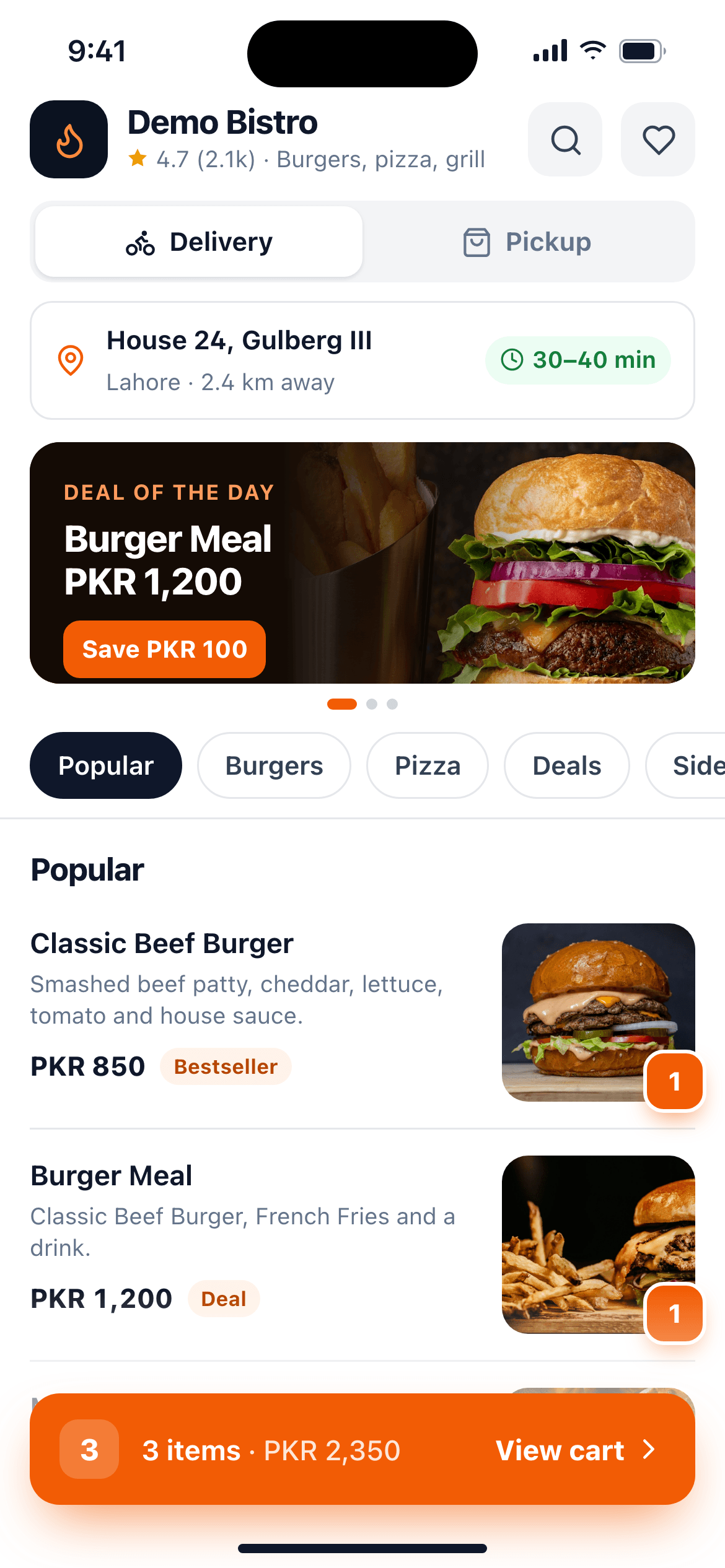 Restaurant ecommerce site on a phone with a category bar, item cards with photos and a slide-up cart