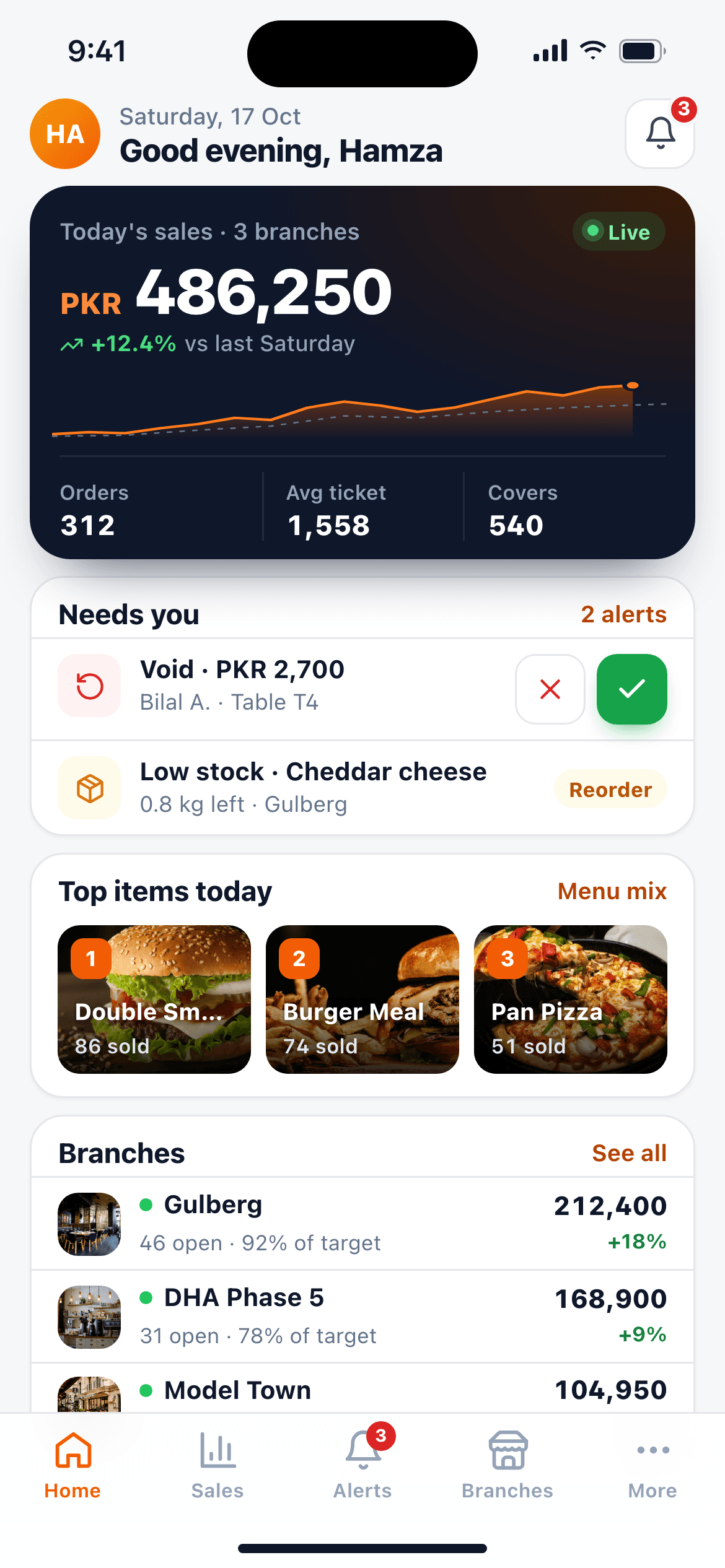 Owner app on a phone with today’s sales across branches, alerts, top items and a branch list