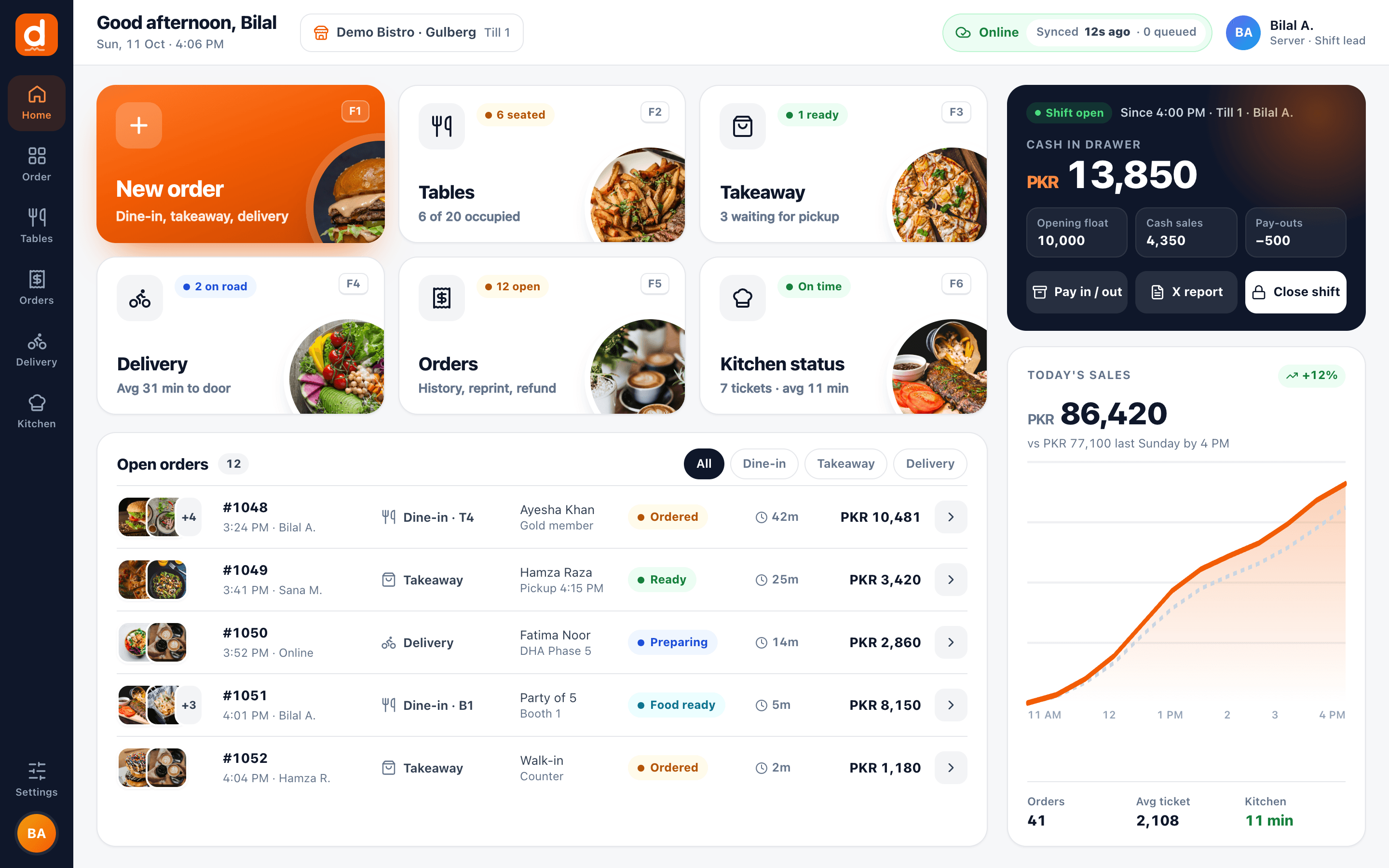 POS home screen with New order, Tables, Takeaway, Delivery, Orders and Kitchen status tiles with keyboard shortcuts, cash in drawer, today's sales and open orders