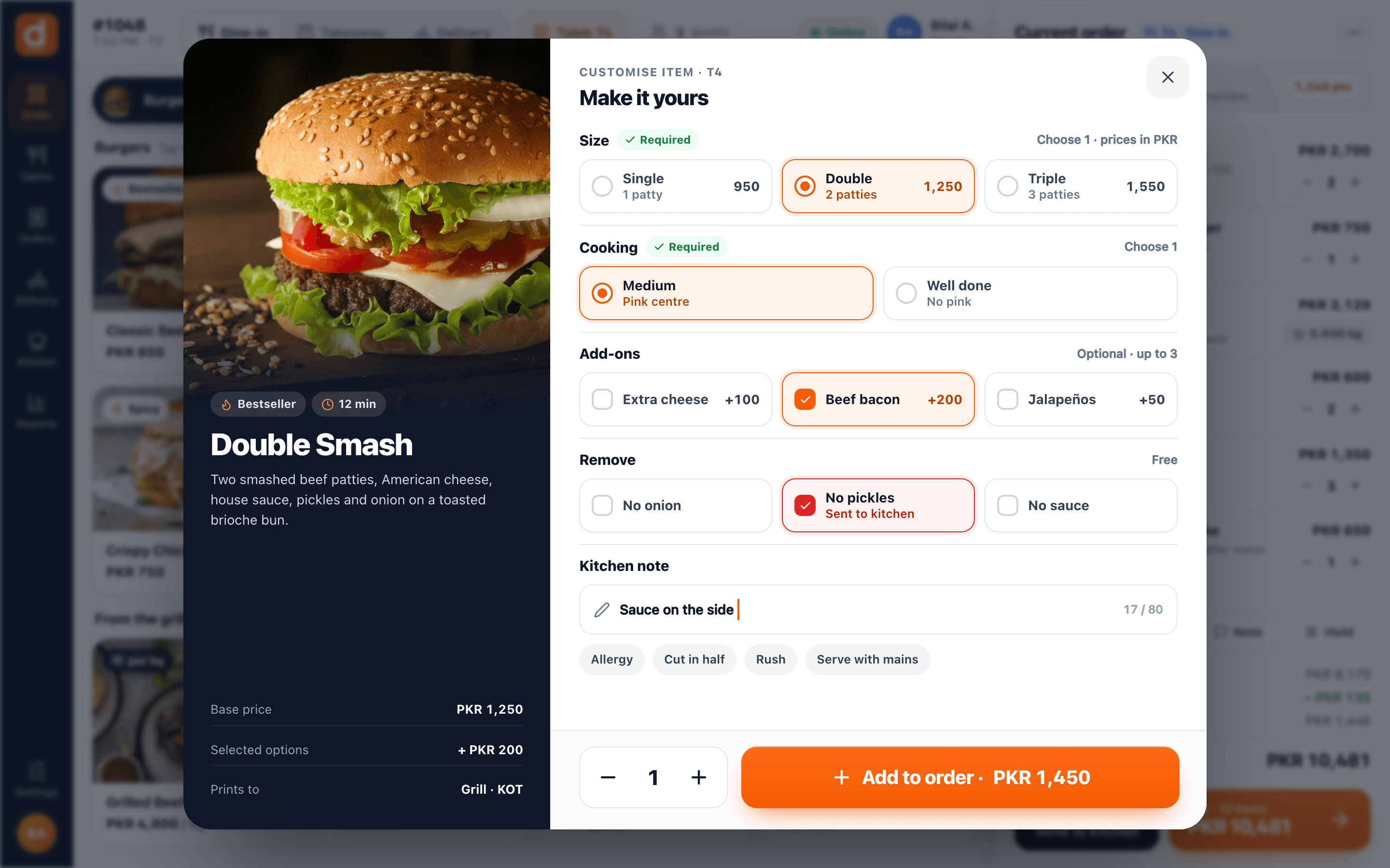 Modifier sheet for a Double Smash burger with required size and cooking choices, paid add-ons, remove options, a kitchen note, quantity and an Add to order button with the running price