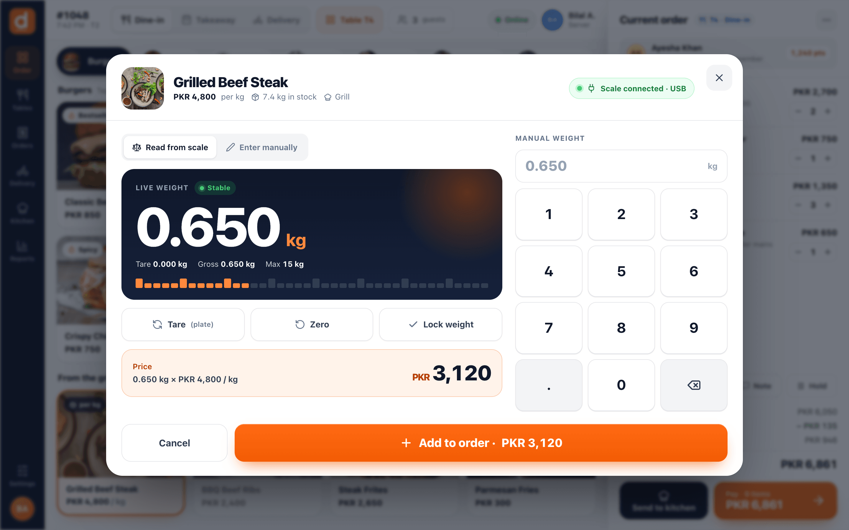 Weighed item sheet for Grilled Beef Steak at PKR 4,800 per kg with a live scale reading of 0.650 kg, tare and zero buttons, the calculated price of PKR 3,120 and a manual weight keypad