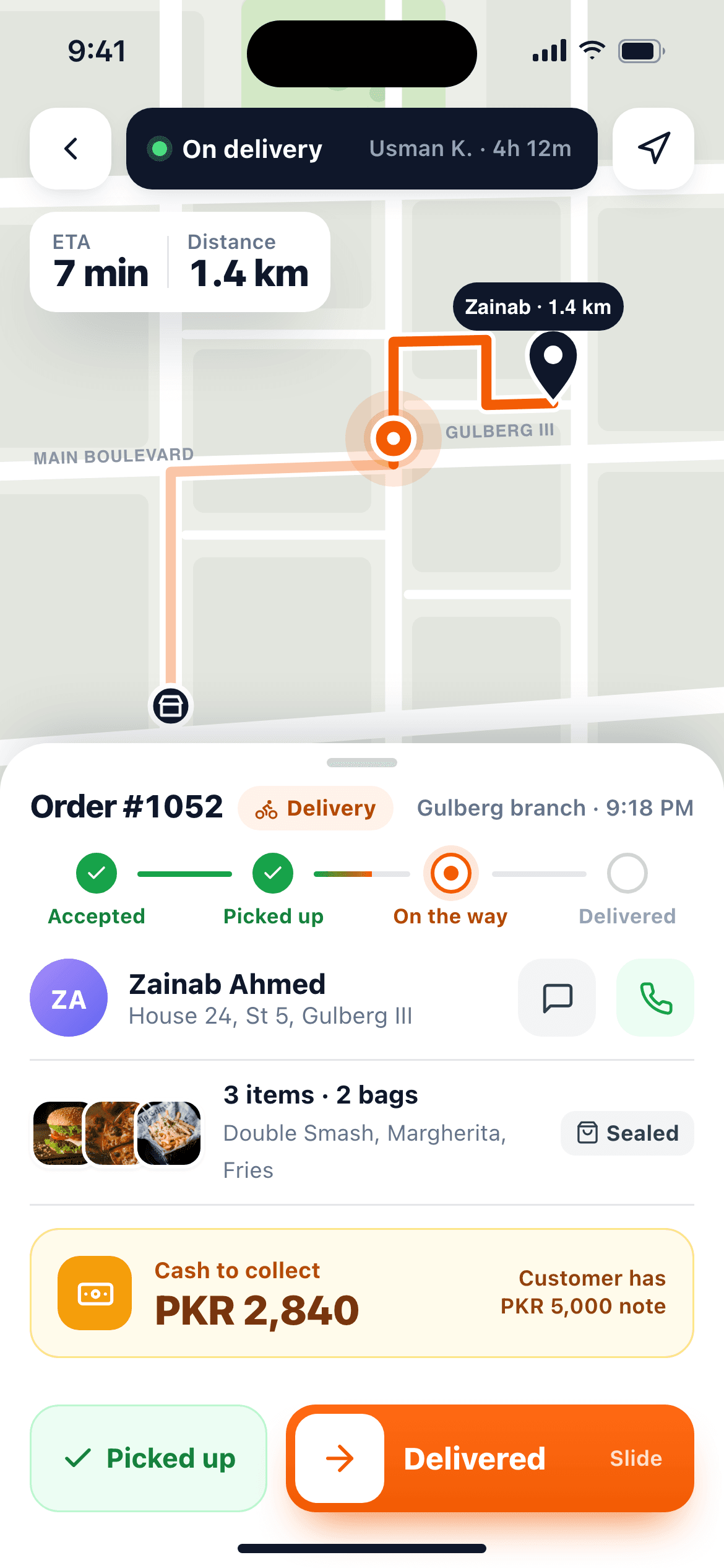 Rider app showing assigned deliveries with address, payment and status