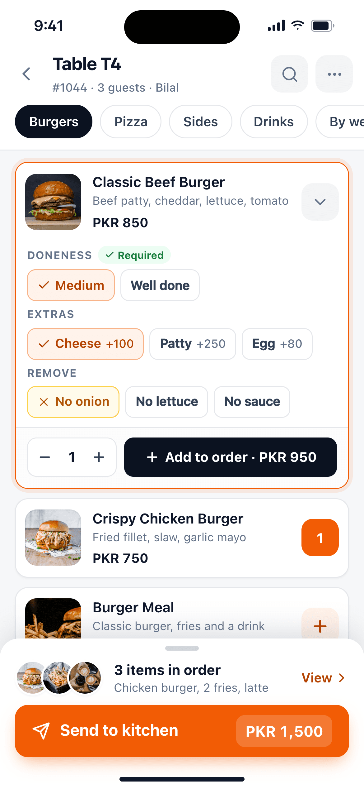 Waiter app taking an order