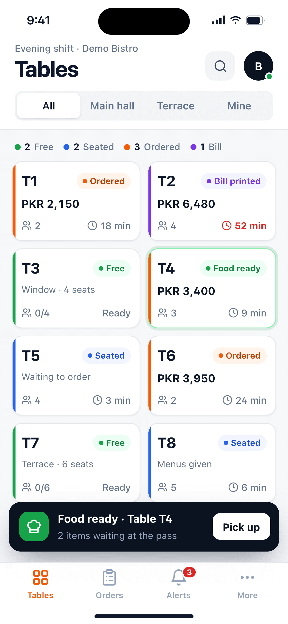 Waiter app on a phone showing the table map with free, occupied and ordered tables