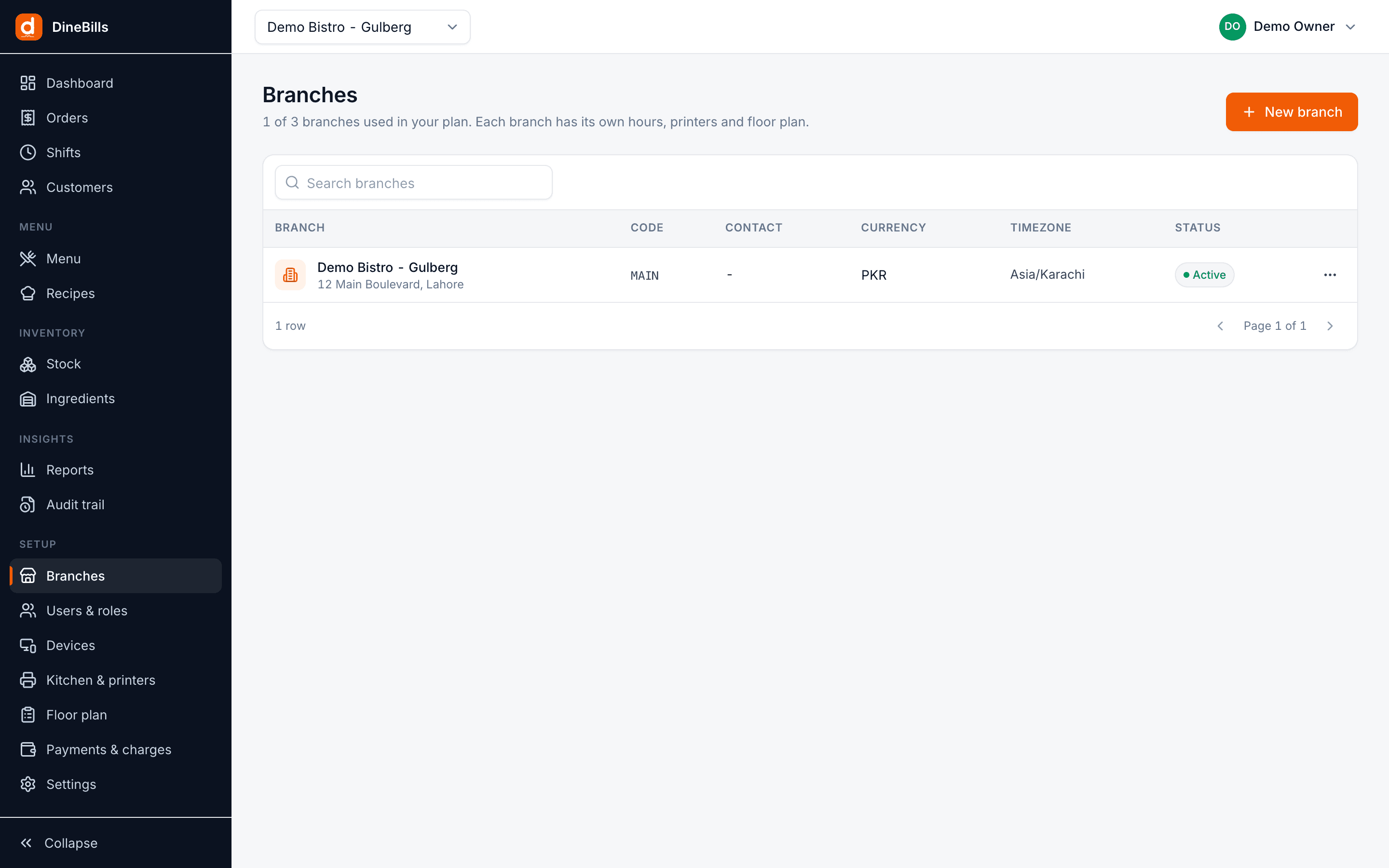 Branches page listing locations with address, time zone and currency