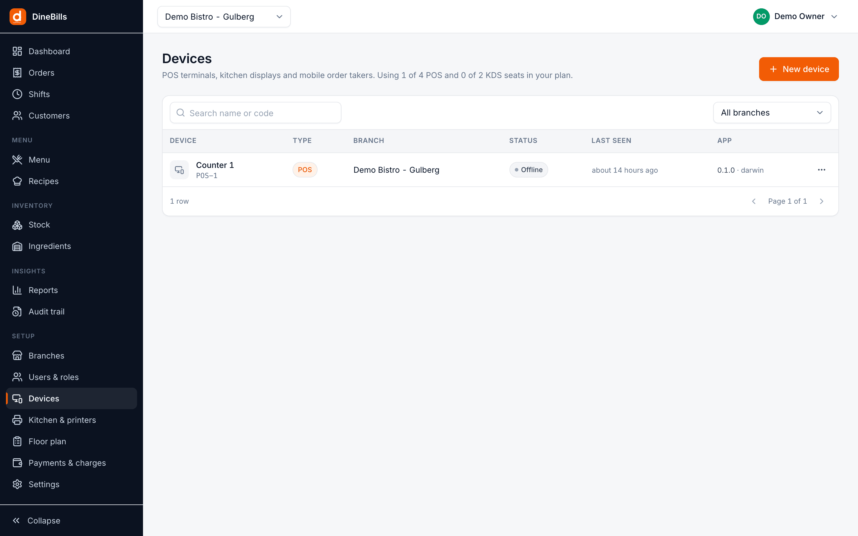 Devices page listing paired POS terminals with pairing codes, seat usage and online status