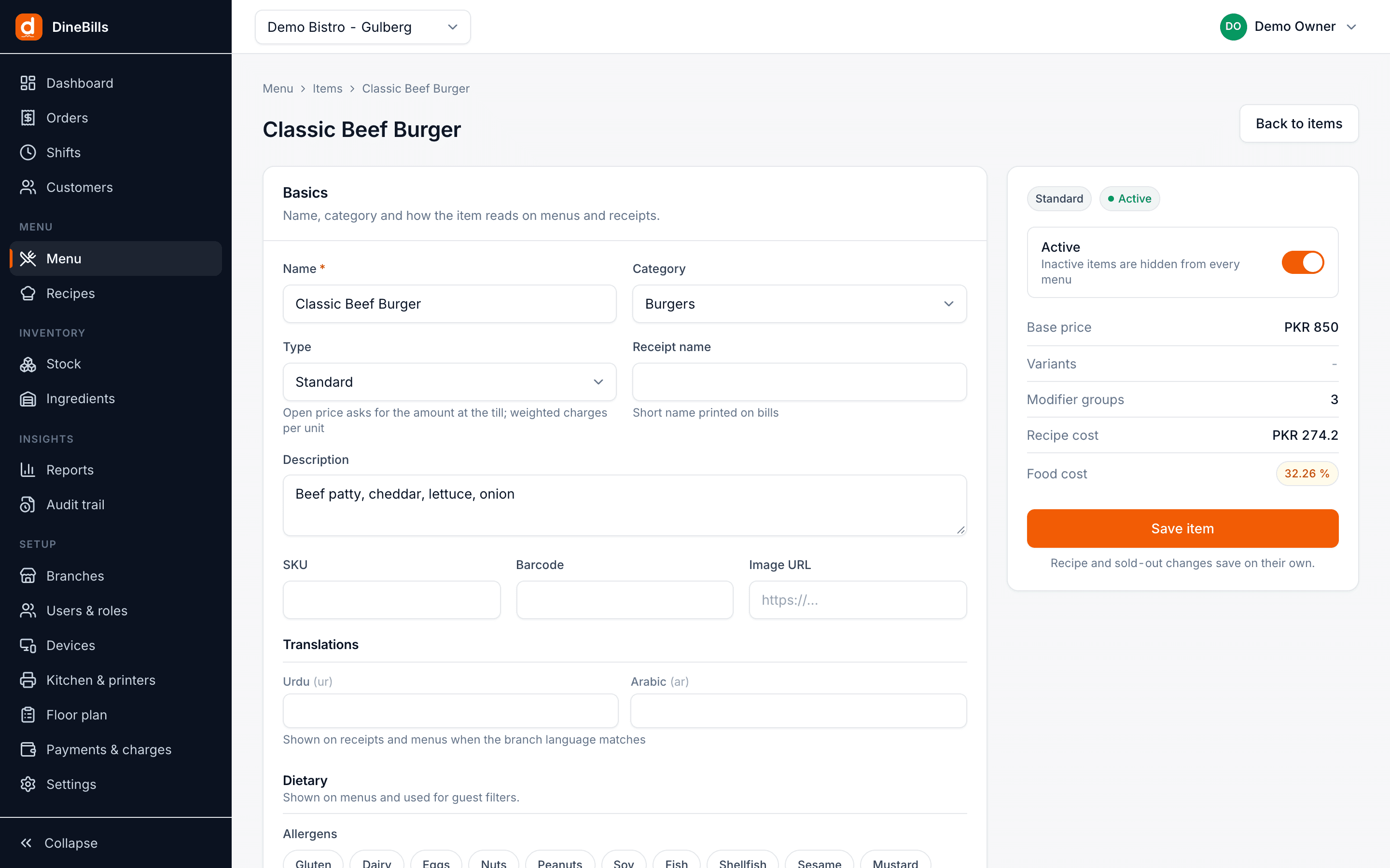 Item editor side panel showing base price, modifier groups, recipe cost and food cost percentage for a burger