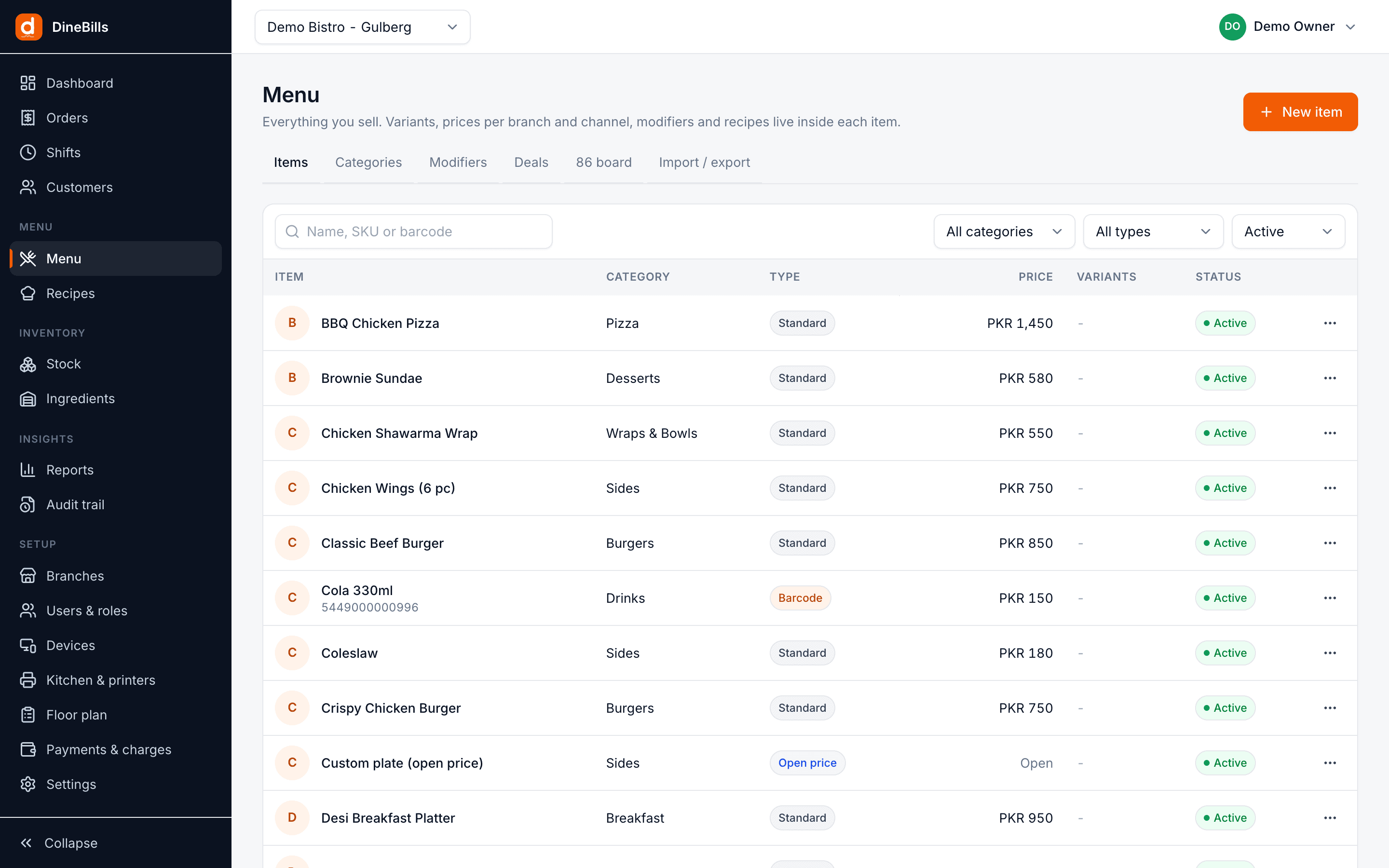 Menu items list in the back office with categories, item types, prices and status
