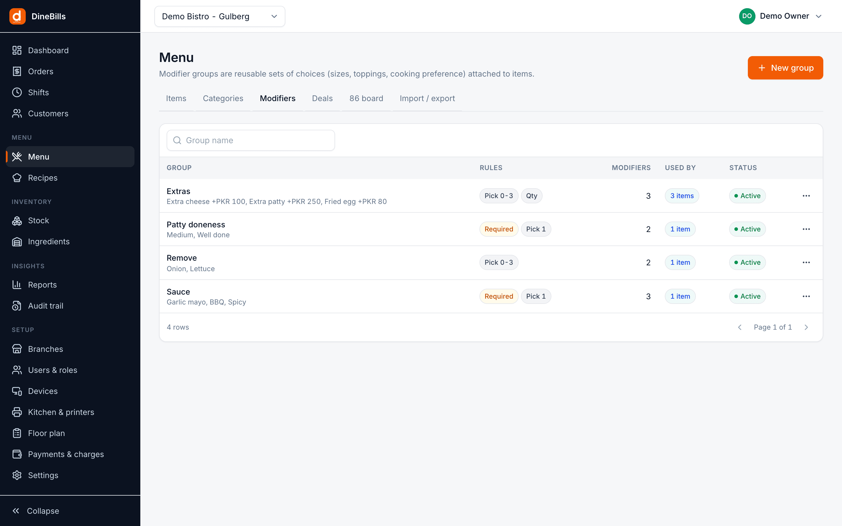 Modifier groups with required choices, minimum and maximum selections