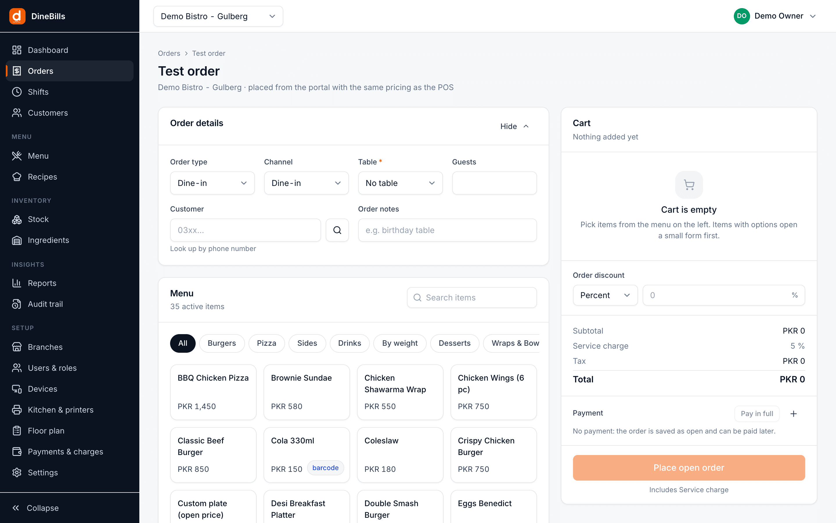 New order screen in the browser with menu, customer and order total