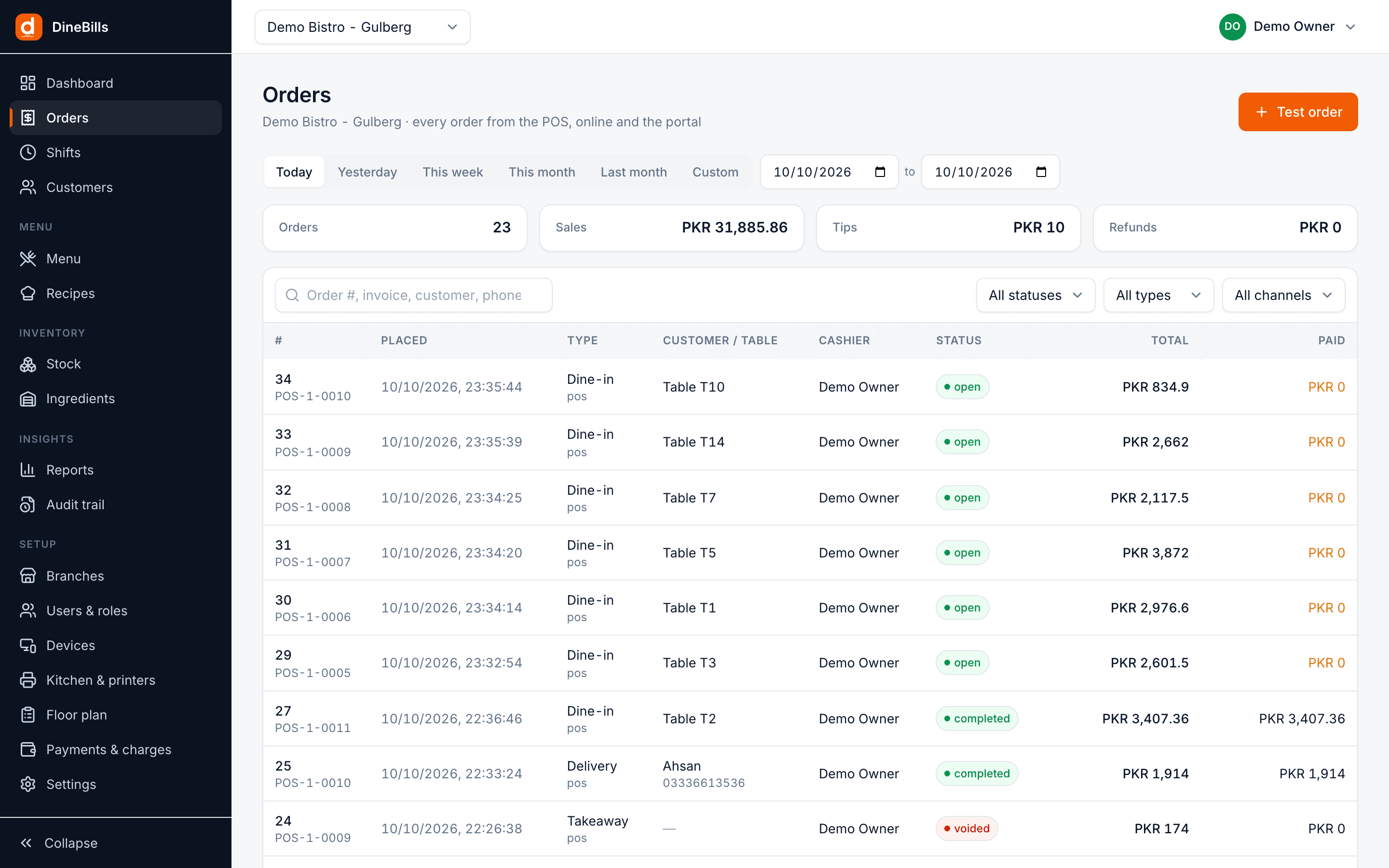 Orders list with order number, type, channel, status, total and time