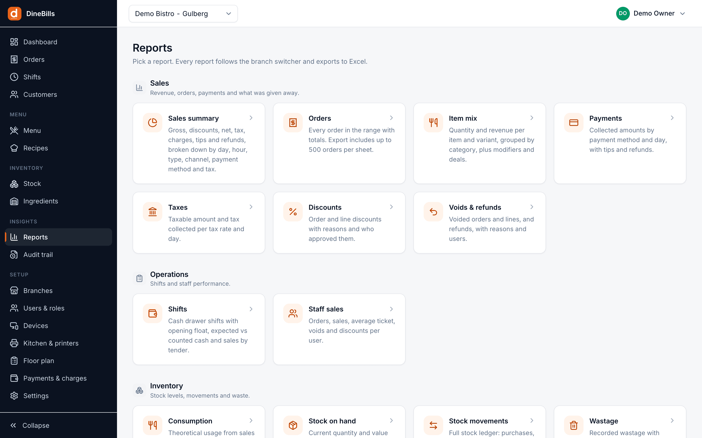 Reports hub grouping sales, operations and inventory reports, each with a short description