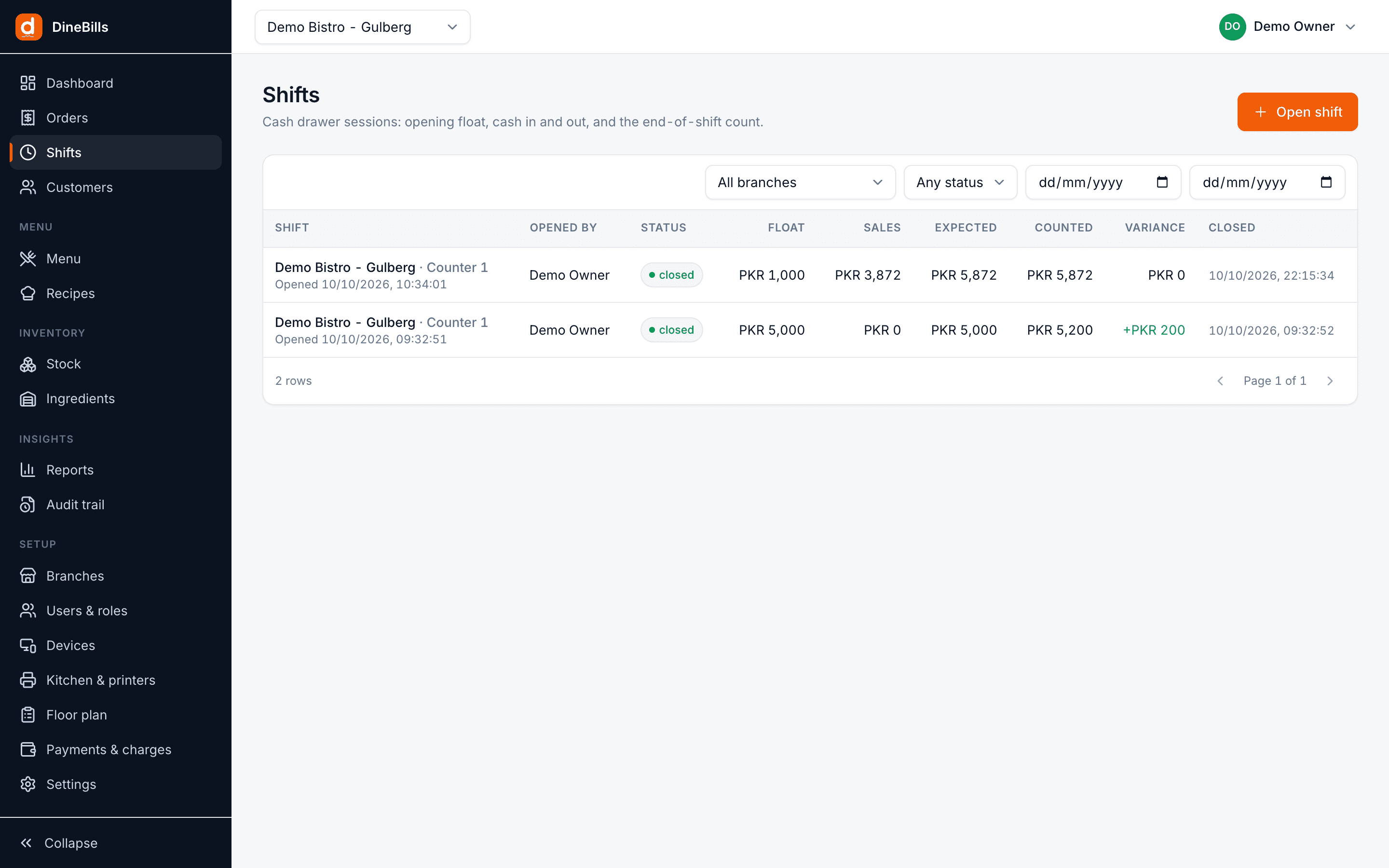 Shifts list per terminal with cash expected, counted and variance