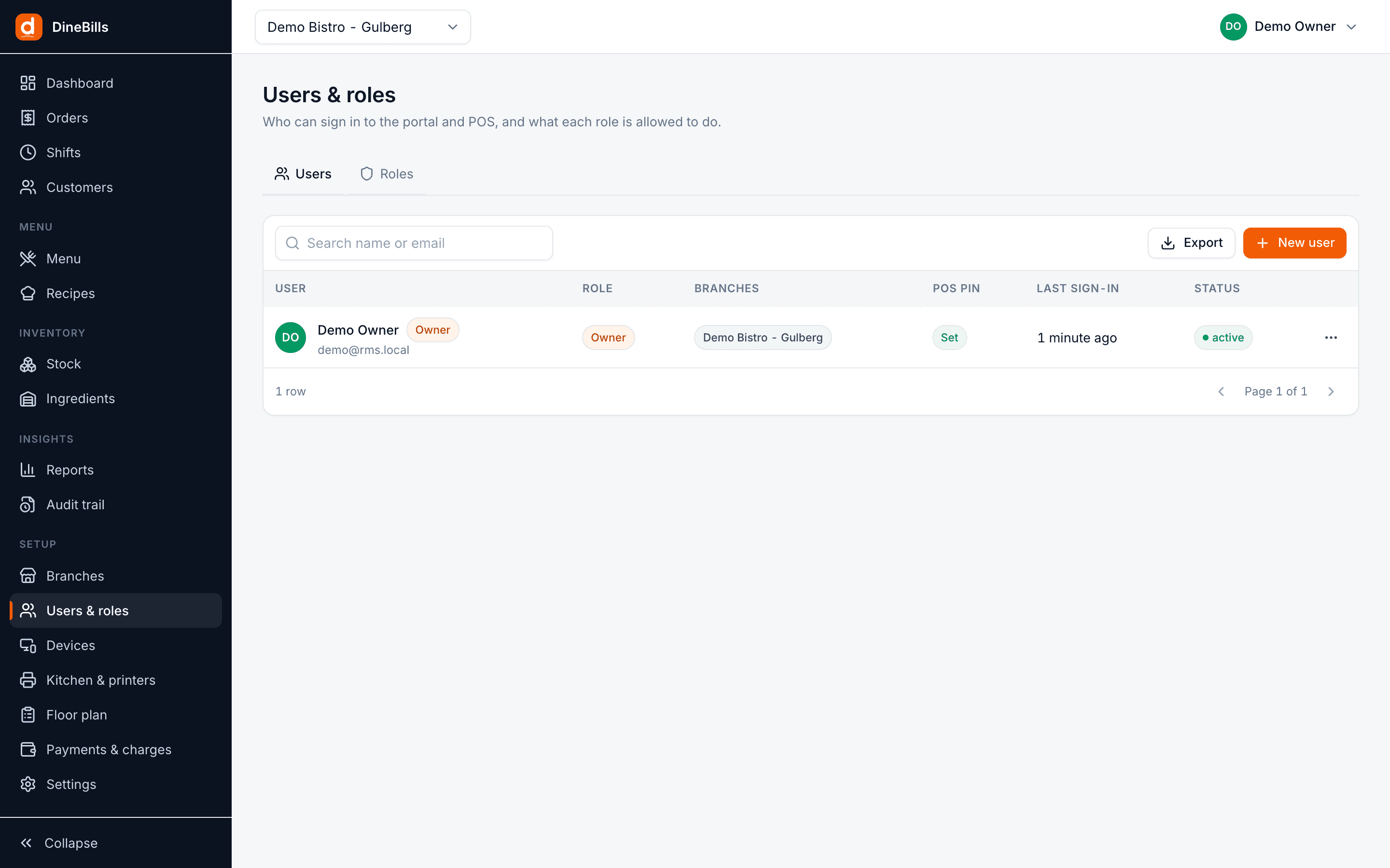 Users and roles page listing staff with their roles, branch access and status
