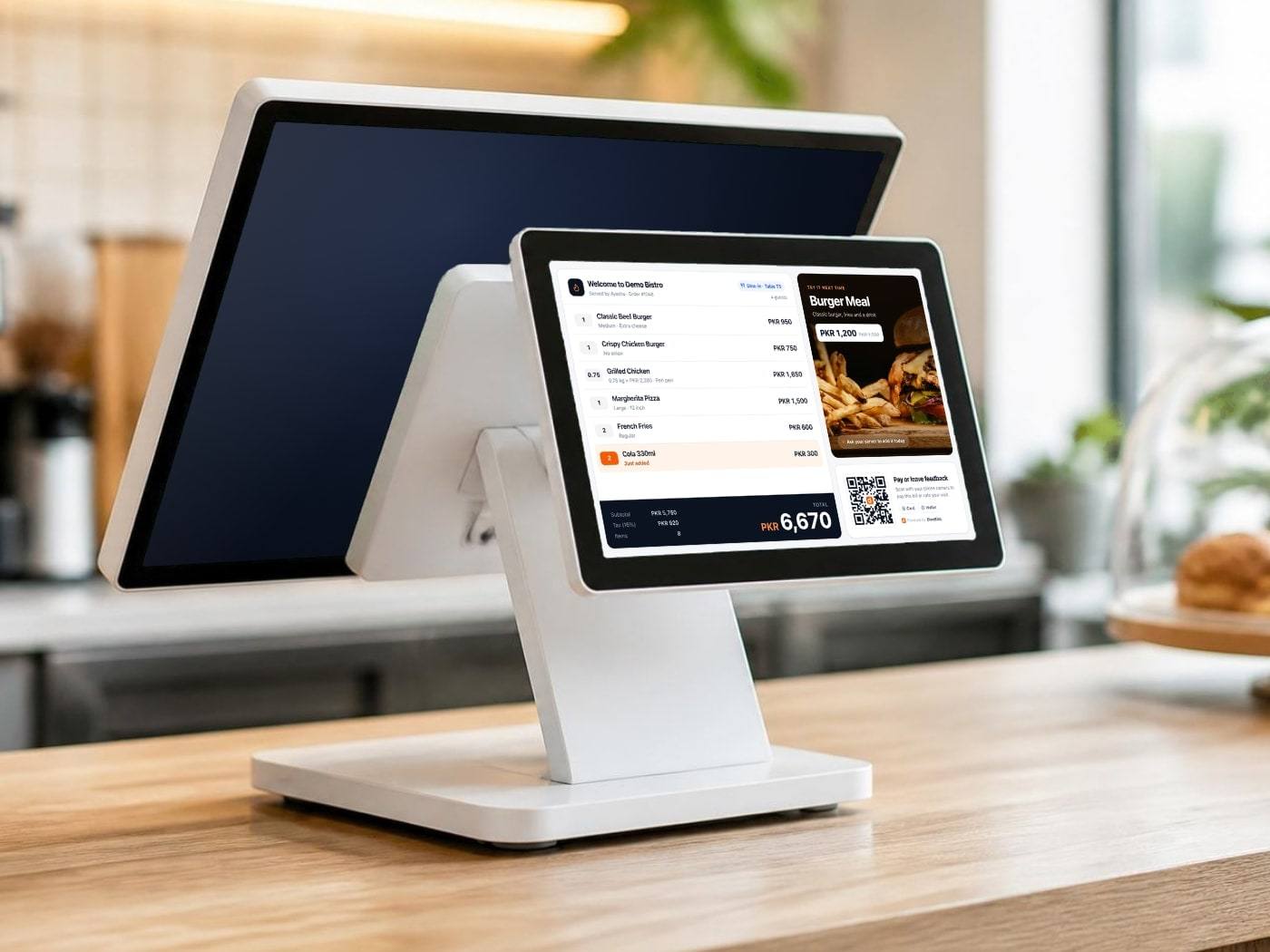 Dual-screen POS terminal with the DineBills customer-facing display